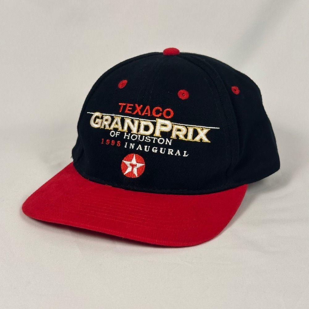 Vintage 1998 Texaco Grand Prix Hat Men OSFA Black Red Houston, TX Strapback Cap